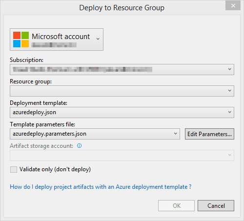 ARM template deployment dialog
